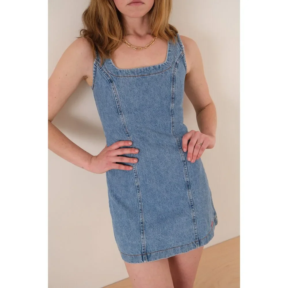 Vintage 90s Medium Wash Cotton Denim Paneled Sleeveless Mini Dress - Picture 2 of 8